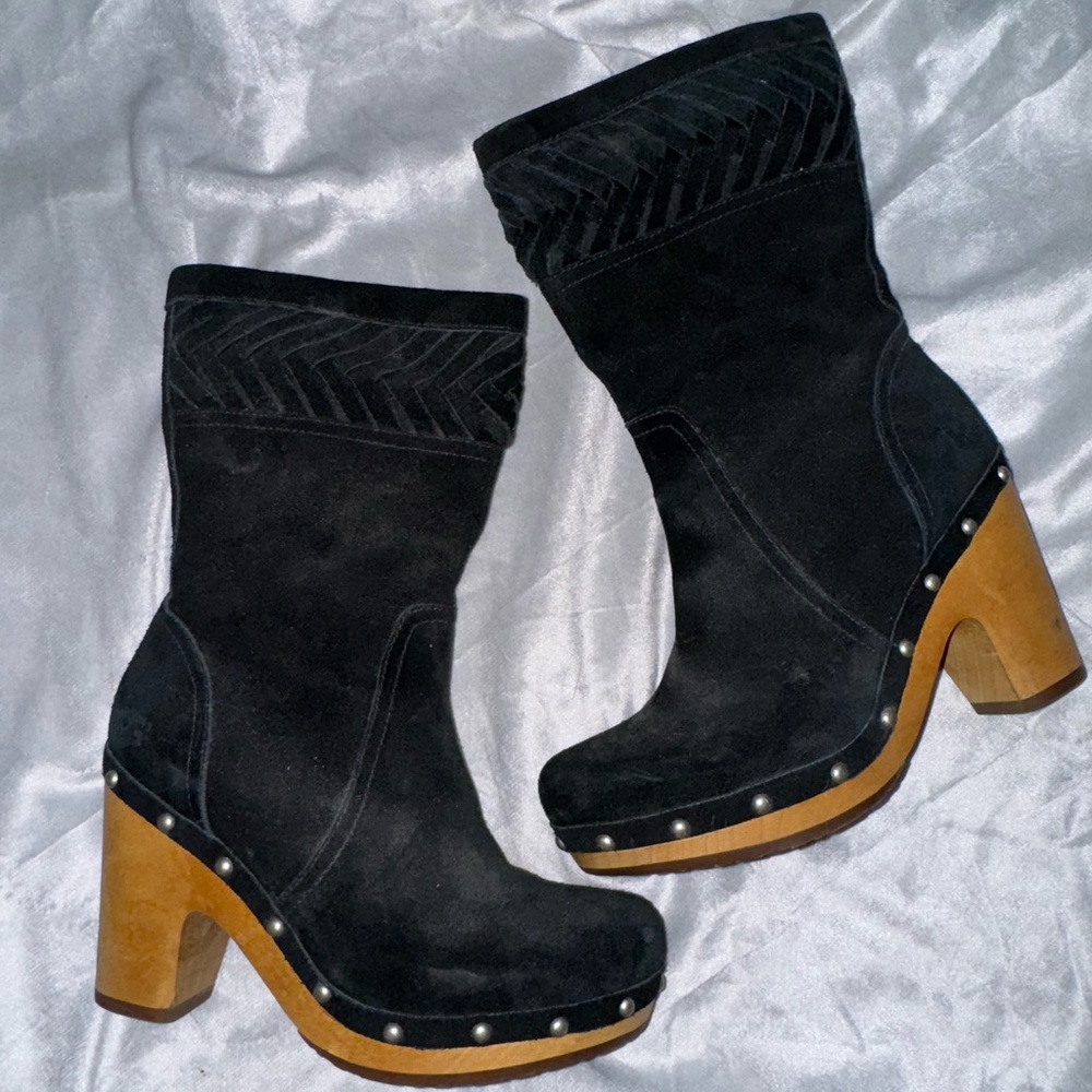 UGG suede studded accents black boots clogs wooden heel women 7 ladies shoes GUC